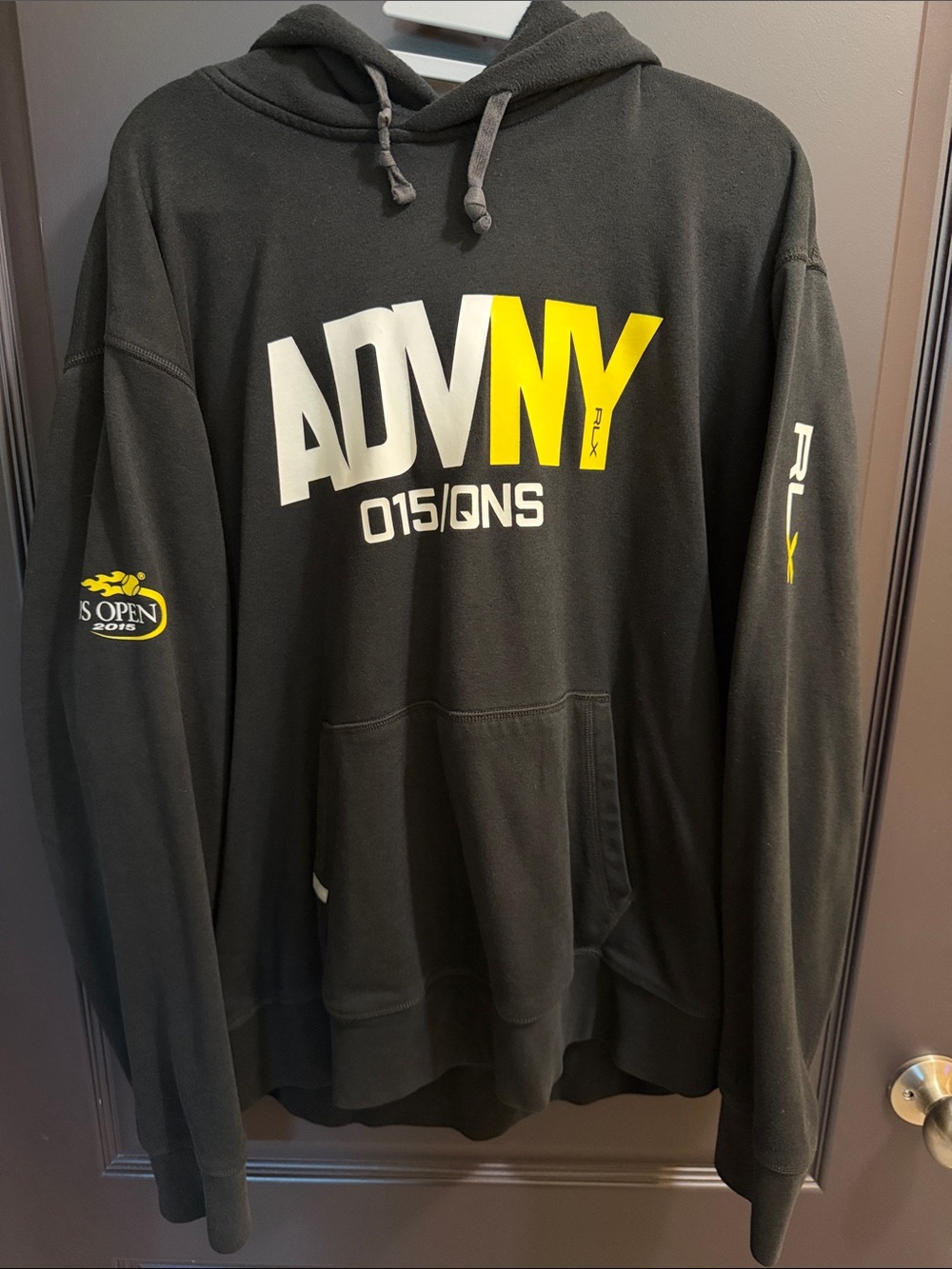 RLX Ralph Lauren Black Zip-Up Hoodie with Yellow & White Graphics 2015 US Open